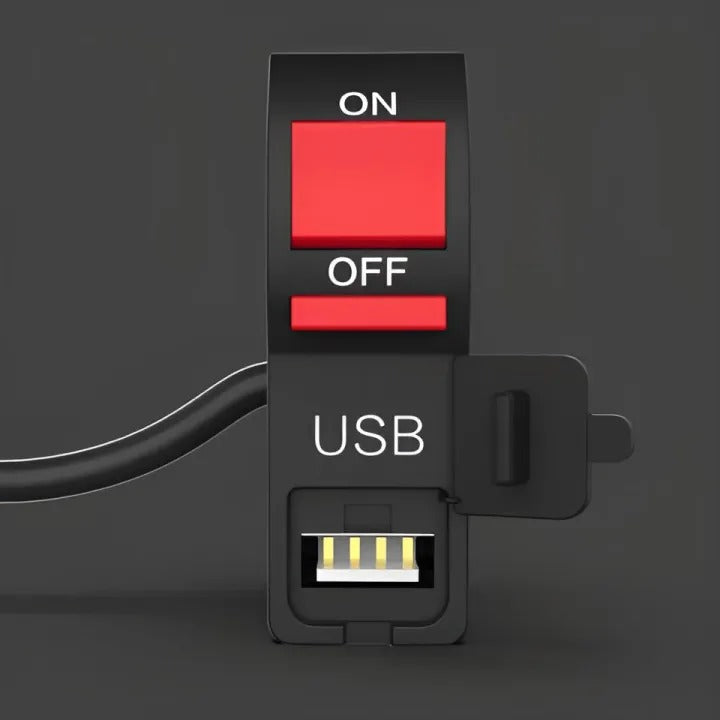 Motorcycle Handlebar USB Port 5V 2A – ON/OFF Button & Extra Lights Control Switch for Bikes